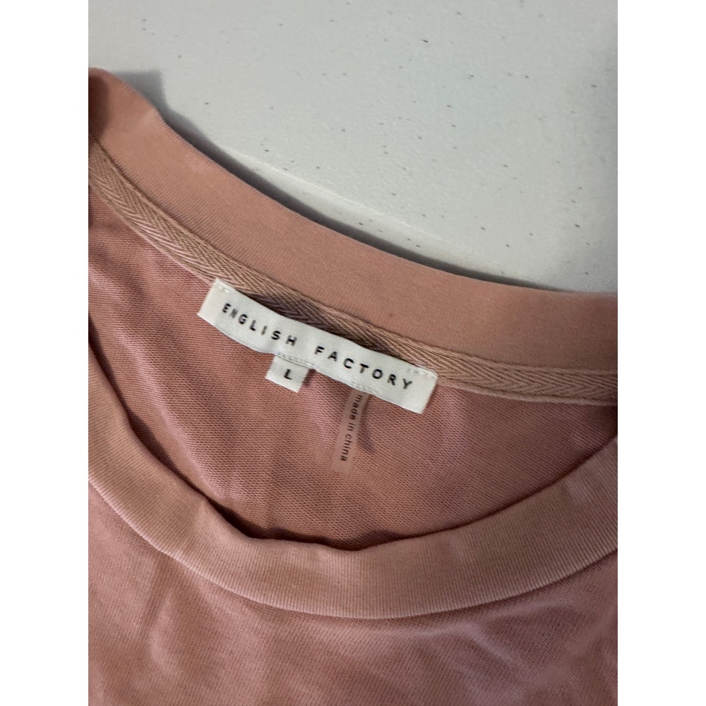 English Factory Pink Scalloped Hem Peplum Mixed Media Short Sleeve Top Large u3 - Picture 4 of 7